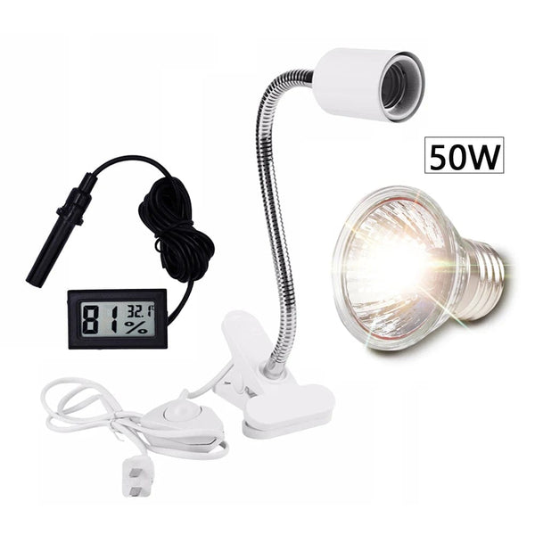 Planet Gates 50W and White holder UVA+UVB 3.0 Reptile Lamp Set Clip-on Lamp Holder Bulb Thermometer Hygrometer Turtle Tortoises Lizard Sunlight Basking Heat Light
