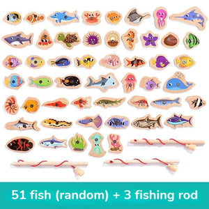 Planet Gates 51 Fish Montessori Wooden Fishing Toys For Children Magnetic Marine Life Cognition Fish Games Parent-Child Interactive Educational Toy