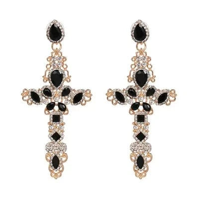 Planet Gates 51202-GDBK JURAN Baroque Vintage Big Cross Earrings For Women Large Long Earrings Jewelry Brincos Rhinestones Dangle Earrings Bijoux 2019