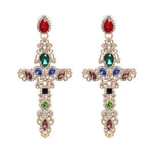 Planet Gates 51202-GDMT JURAN Baroque Vintage Big Cross Earrings For Women Large Long Earrings Jewelry Brincos Rhinestones Dangle Earrings Bijoux 2019