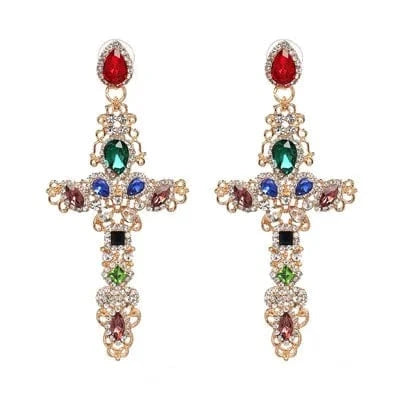 Planet Gates 51202-GDMT JURAN Baroque Vintage Big Cross Earrings For Women Large Long Earrings Jewelry Brincos Rhinestones Dangle Earrings Bijoux 2019
