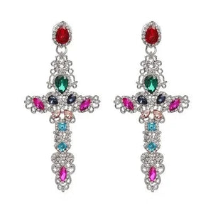 Planet Gates 51202-SVMT JURAN Baroque Vintage Big Cross Earrings For Women Large Long Earrings Jewelry Brincos Rhinestones Dangle Earrings Bijoux 2019