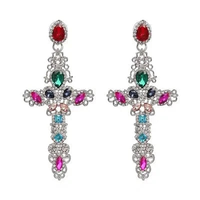 Planet Gates 51202-SVMT JURAN Baroque Vintage Big Cross Earrings For Women Large Long Earrings Jewelry Brincos Rhinestones Dangle Earrings Bijoux 2019