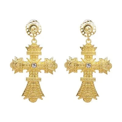 Planet Gates 51373-GD JURAN Baroque Vintage Big Cross Earrings For Women Large Long Earrings Jewelry Brincos Rhinestones Dangle Earrings Bijoux 2019