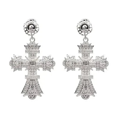 Planet Gates 51373-SV JURAN Baroque Vintage Big Cross Earrings For Women Large Long Earrings Jewelry Brincos Rhinestones Dangle Earrings Bijoux 2019