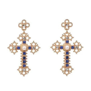 Planet Gates 52083-BU JURAN Baroque Vintage Big Cross Earrings For Women Large Long Earrings Jewelry Brincos Rhinestones Dangle Earrings Bijoux 2019