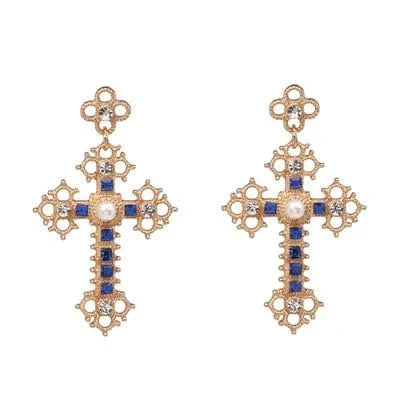 Planet Gates 52083-BU JURAN Baroque Vintage Big Cross Earrings For Women Large Long Earrings Jewelry Brincos Rhinestones Dangle Earrings Bijoux 2019