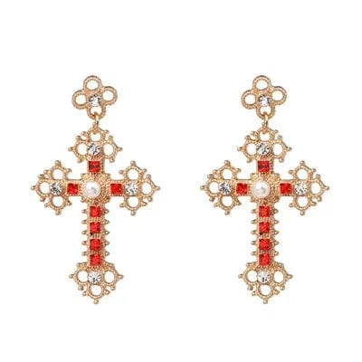Planet Gates 52083-RD JURAN Baroque Vintage Big Cross Earrings For Women Large Long Earrings Jewelry Brincos Rhinestones Dangle Earrings Bijoux 2019