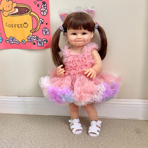 Planet Gates 55cm NPK 55CM Reborn Toddler Doll with Pink Dress Full Body Soft Silicone Raya Lifelike Soft Touch High Quality Doll Gifts