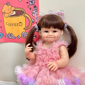 Planet Gates 55cm NPK 55CM Reborn Toddler Doll with Pink Dress Full Body Soft Silicone Raya Lifelike Soft Touch High Quality Doll Gifts