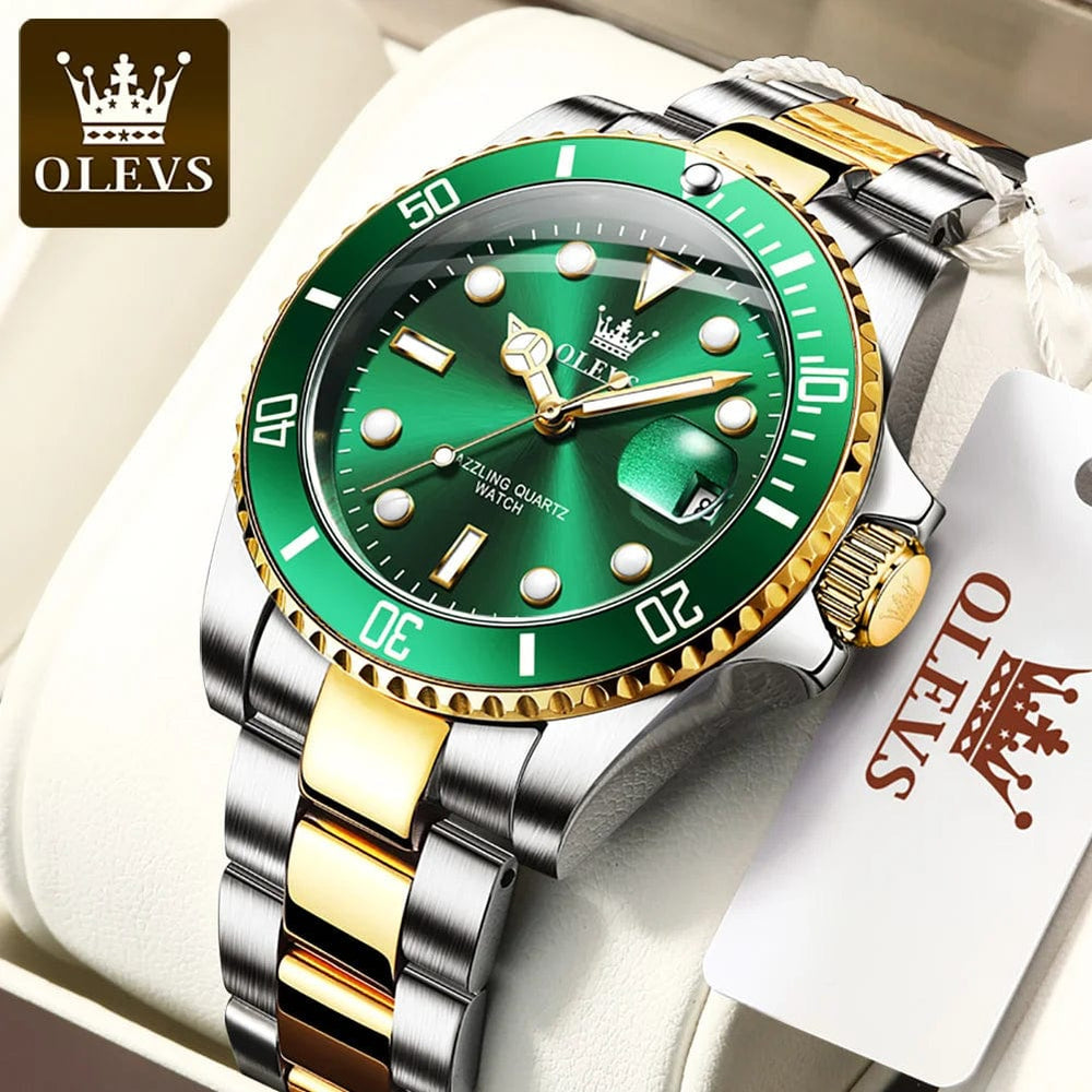 Planet Gates 5885 Gold green / No OLEVS Top Original Men Quartz Watch Green Waterproof Watch for Men Stainless Steel Quartz Men Luxury Watch Luminous Wristwatch