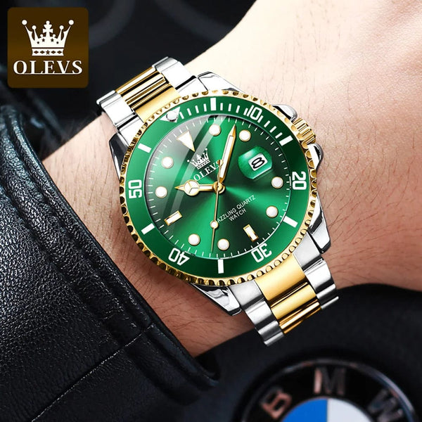 Planet Gates 5885 Gold green / No OLEVS Top Original Men Quartz Watch Green Waterproof Watch for Men Stainless Steel Quartz Men Luxury Watch Luminous Wristwatch