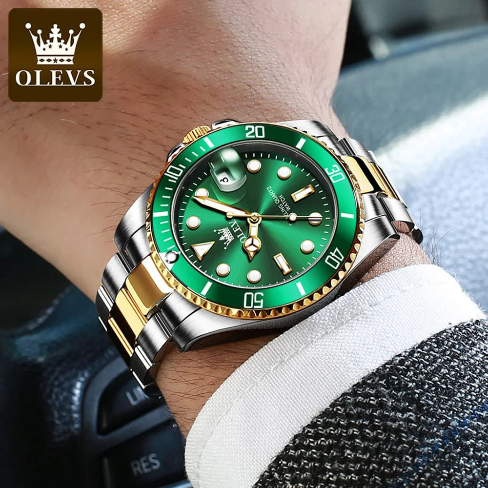 Planet Gates 5885 Gold green / No OLEVS Top Original Men Quartz Watch Green Waterproof Watch for Men Stainless Steel Quartz Men Luxury Watch Luminous Wristwatch