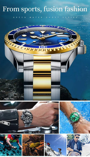 Planet Gates 5885 Gold green / No OLEVS Top Original Men Quartz Watch Green Waterproof Watch for Men Stainless Steel Quartz Men Luxury Watch Luminous Wristwatch
