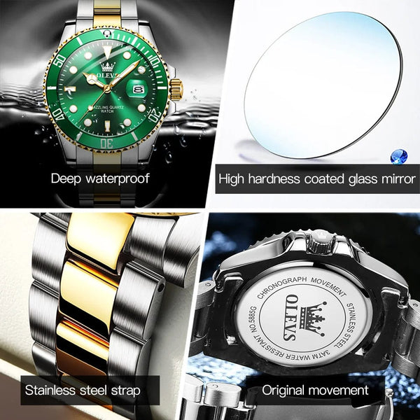 Planet Gates 5885 Gold green / No OLEVS Top Original Men Quartz Watch Green Waterproof Watch for Men Stainless Steel Quartz Men Luxury Watch Luminous Wristwatch