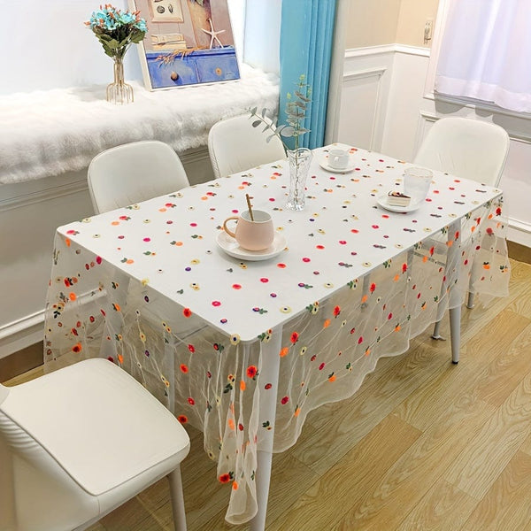 Planet Gates 59*86.6inch/150*220cm / Colorful Flowers-embroidery Yarn 1pc European Lace Tablecloth, Polyester Embroidered Table Cover For Dining, Coffee Table, Side Table, TV Cabinet, Elegant Home Decor, Outdoor Garden Wedding Decoration