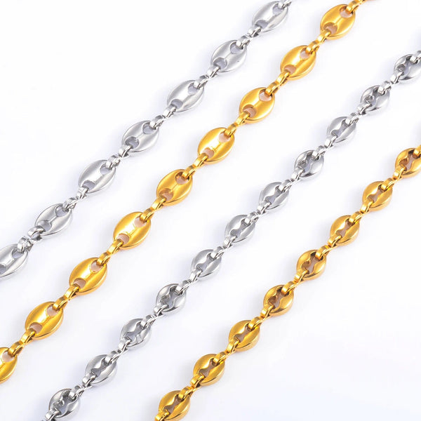 Planet Gates 5mm 4.5mm Stainless Steel Coffee Bean Chains Gold Silver Color Pig Nose Bracelets With Extender 3cm Punk Hip Hop Fashion Jewelry