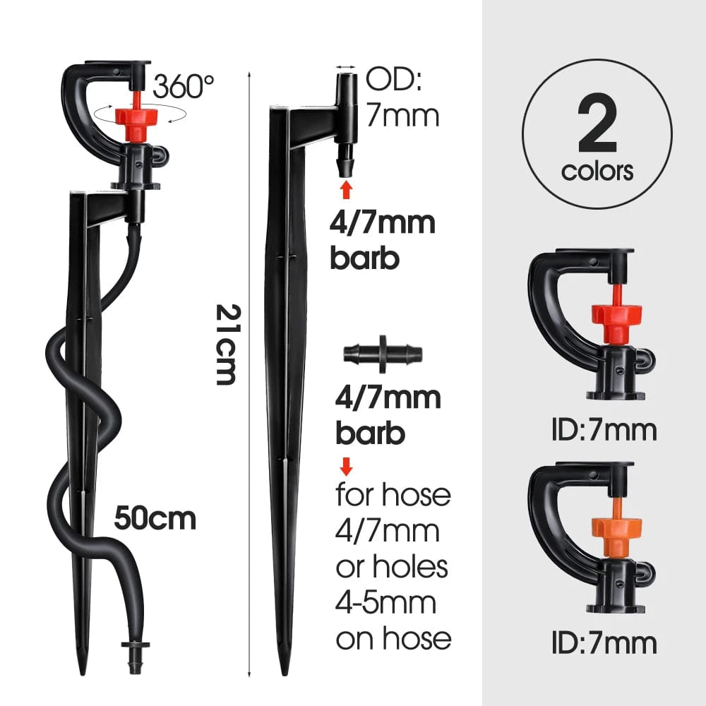 Planet Gates 5pcs 360° Rotating Micro Watering Irrigation Sprinkler Sprayer with 21cm Stake 1/4" Barb Connector Lawn Farm Greenhouse Plant