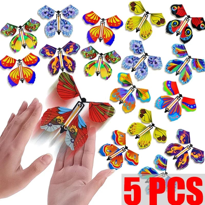 Planet Gates 5Pcs Magic Flying Butterfly Wind Up Toy In The Sky Funny Rubber Band Powered Cards Kids Tricks Props Party Great Surpris Gift