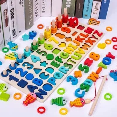 Planet Gates 6 in 1 Kids Montessori Math Toys For Toddlers Educational Wooden Puzzle Fishing Toys Count Number Shape Matching Sorter Games Board Toy