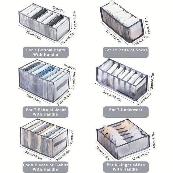 Planet Gates 6 Pack 6pcs Wardrobe Clothes Organizer For Jeans, Upgraded Drawer Organizers For Clothing With Handle, Foldable Drawer Organizers For Family (Shirt+Jeans+T-Shirt+Bra+Underwear+Socks, Gray)