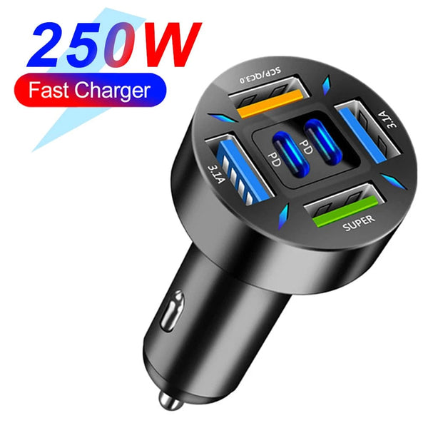 Planet Gates 6 Port 250W PD Car Charger QC3.0 Fast Charge One to Six Car Cigarette Lighter Plug 5 Port Car Charger Flash Charge with Digital Display