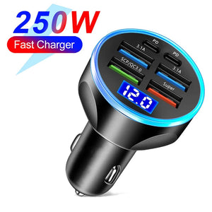 Planet Gates 6 Port Volt display 250W PD Car Charger QC3.0 Fast Charge One to Six Car Cigarette Lighter Plug 5 Port Car Charger Flash Charge with Digital Display