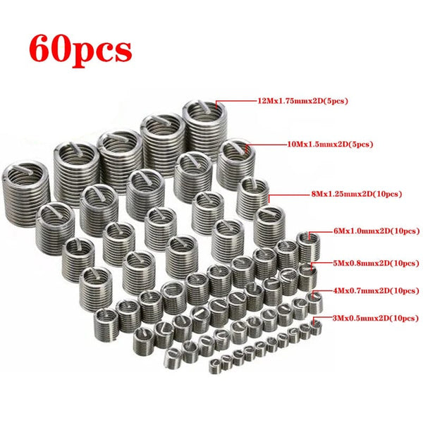 Planet Gates 60pcs set 60pcs M3 M4 M5 M6 M8 M10 M12 304 Stainless Steel 2D Fastening Thread Insert Kit Hardware Repair Tool Spiral Wire Sleeve Screw