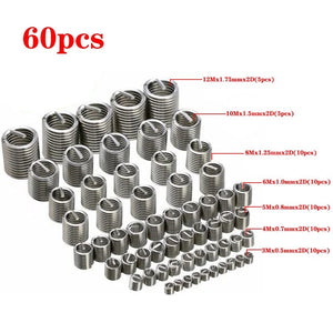 Planet Gates 60pcs set 60pcs M3 M4 M5 M6 M8 M10 M12 304 Stainless Steel 2D Fastening Thread Insert Kit Hardware Repair Tool Spiral Wire Sleeve Screw