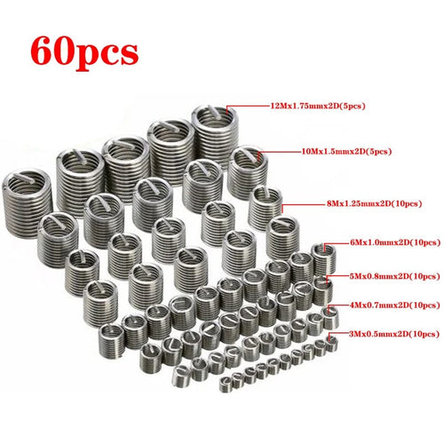 Planet Gates 60pcs set 60pcs M3 M4 M5 M6 M8 M10 M12 304 Stainless Steel 2D Fastening Thread Insert Kit Hardware Repair Tool Spiral Wire Sleeve Screw