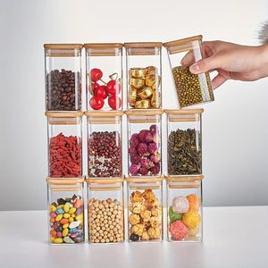 Planet Gates 60x100  9.47oz  12pc 12pcs, Glass Jars With Airtight Lids, Candy Jars With Lids, Food Storage Containers With Bamboo Lids, Clear Jars, For Tea, Coffee, Spice, Candy, Kitchen Gadgets, Kitchen Accessories, Chrismas Halloween Party Supplies