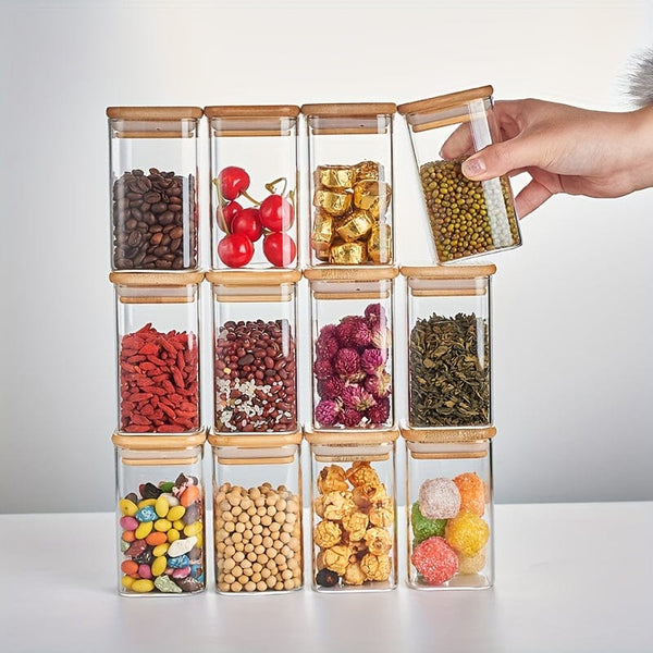 Planet Gates 60x100  9.47oz  12pc 12pcs, Glass Jars With Airtight Lids, Candy Jars With Lids, Food Storage Containers With Bamboo Lids, Clear Jars, For Tea, Coffee, Spice, Candy, Kitchen Gadgets, Kitchen Accessories, Chrismas Halloween Party Supplies