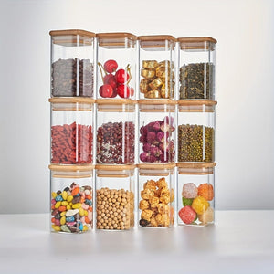 Planet Gates 60x100  9.47oz  12pc 12pcs, Glass Jars With Airtight Lids, Candy Jars With Lids, Food Storage Containers With Bamboo Lids, Clear Jars, For Tea, Coffee, Spice, Candy, Kitchen Gadgets, Kitchen Accessories, Chrismas Halloween Party Supplies