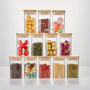 Planet Gates 60x100  9.47oz  12pc 12pcs, Glass Jars With Airtight Lids, Candy Jars With Lids, Food Storage Containers With Bamboo Lids, Clear Jars, For Tea, Coffee, Spice, Candy, Kitchen Gadgets, Kitchen Accessories, Chrismas Halloween Party Supplies