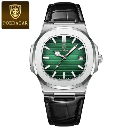 Planet Gates 613SliverGreenL POEDAGAR Top Luxury Square Man Watch Date Waterproof Luminous Men Wristwatch High Quality Leather Men's Quartz Watches+Box Reloj