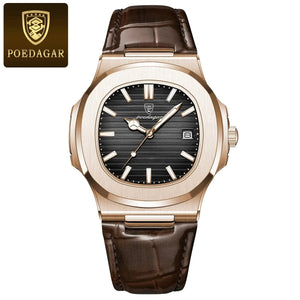 Planet Gates 613SliverGreenL POEDAGAR Top Luxury Square Man Watch Date Waterproof Luminous Men Wristwatch High Quality Leather Men's Quartz Watches+Box Reloj