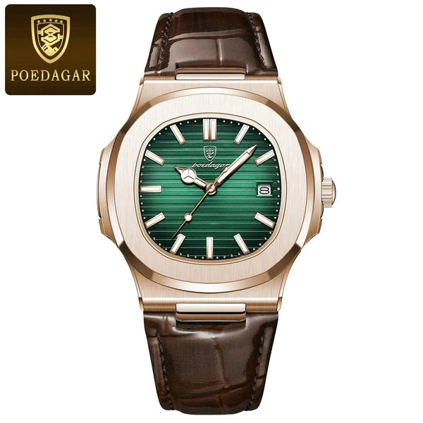 Planet Gates 613SliverGreenL POEDAGAR Top Luxury Square Man Watch Date Waterproof Luminous Men Wristwatch High Quality Leather Men's Quartz Watches+Box Reloj