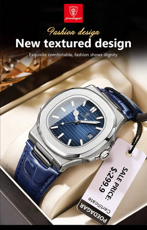 Planet Gates 613SliverGreenL POEDAGAR Top Luxury Square Man Watch Date Waterproof Luminous Men Wristwatch High Quality Leather Men's Quartz Watches+Box Reloj