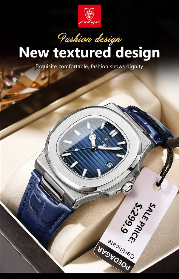 Planet Gates 613SliverGreenL POEDAGAR Top Luxury Square Man Watch Date Waterproof Luminous Men Wristwatch High Quality Leather Men's Quartz Watches+Box Reloj