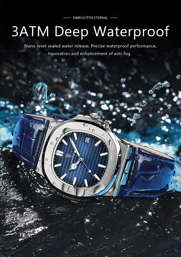 Planet Gates 613SliverGreenL POEDAGAR Top Luxury Square Man Watch Date Waterproof Luminous Men Wristwatch High Quality Leather Men's Quartz Watches+Box Reloj