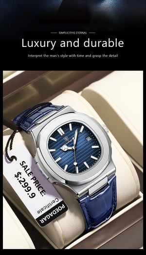 Planet Gates 613SliverGreenL POEDAGAR Top Luxury Square Man Watch Date Waterproof Luminous Men Wristwatch High Quality Leather Men's Quartz Watches+Box Reloj