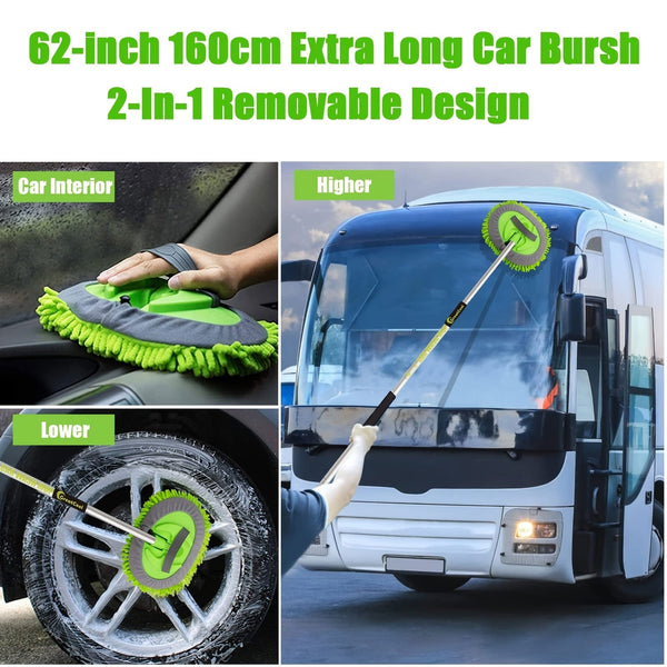 Planet Gates 62" Car Wash Brush Kit With Long Handle, Scratch Free Mop Cleaning Mitt Suitable For Washing Cars Truck SUV RV Caravans And Household (2 X Mop Head)