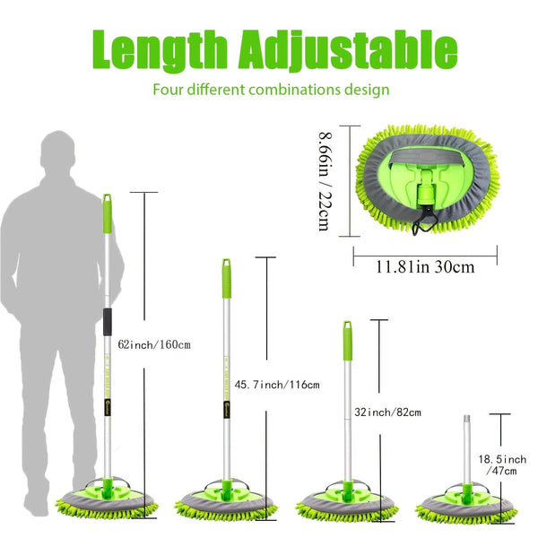 Planet Gates 62" Car Wash Brush Kit With Long Handle, Scratch Free Mop Cleaning Mitt Suitable For Washing Cars Truck SUV RV Caravans And Household (2 X Mop Head)