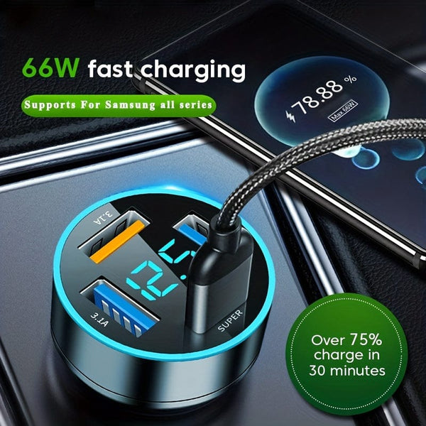 Planet Gates 66W PD20W QC3.0 SCP AFC Super Fast Car Charger: Get Lightning-Fast Charging For Your iPhone/iPad, Samsung, Android & More - With Digital Display!