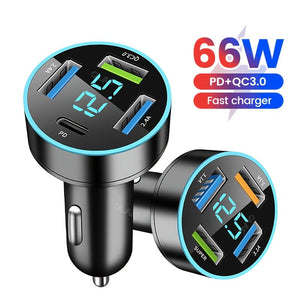 Planet Gates 66W PD20W QC3.0 SCP AFC Super Fast Car Charger: Get Lightning-Fast Charging For Your iPhone/iPad, Samsung, Android & More - With Digital Display!