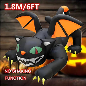Planet Gates 6ft 1.8m Winged Cat / EU Plug Halloween Inflatable 1.8m Black Cat Toy Shakes Head Ghost LED Lights Indoor Outdoor Yard Airblown Decoration Fun Party Display