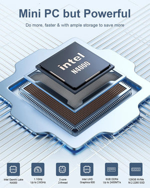 Planet Gates 6GB RAM 128GB SSD / EU and US PLUG MLLSE Mini PC M2 Air Intel Gemini Lake N4000 Windows 11 6GB RAM 128GB ROM Dual-Band WiFi Bluetooth USB Mini Computer