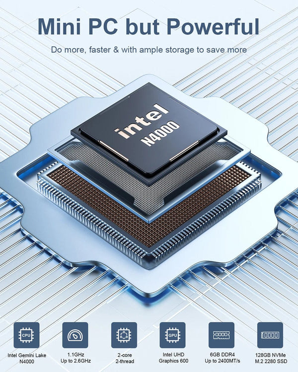 Planet Gates 6GB RAM 128GB SSD / EU and US PLUG MLLSE Mini PC M2 Air Intel Gemini Lake N4000 Windows 11 6GB RAM 128GB ROM Dual-Band WiFi Bluetooth USB Mini Computer