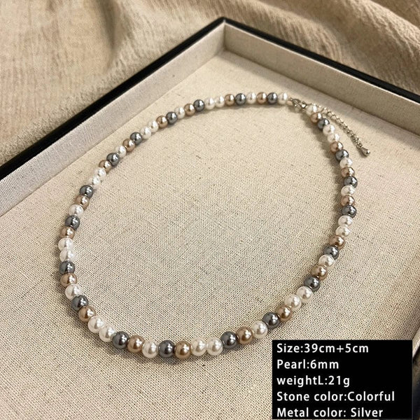 Planet Gates 6mm French Elegant Romantic Mixed Color Pearl Beaded Necklace 2024 Fashion Jewelry Sweet Accessories for Women's Collarbone Chain