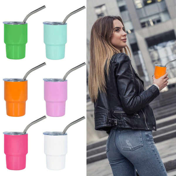 Planet Gates 6pcs, 3oz Mini Stainless Steel Wine Glasses, Mini Car Cups, Vacuum Shot Cup With Straw, Metal Water Glasses With Lid, Gift